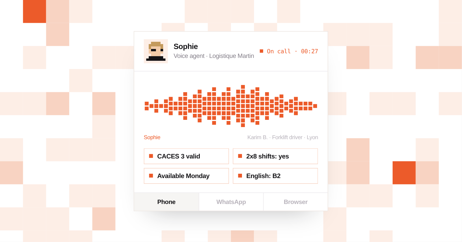 A voice agent on a call with a forklift driver candidate, with the answers already collected